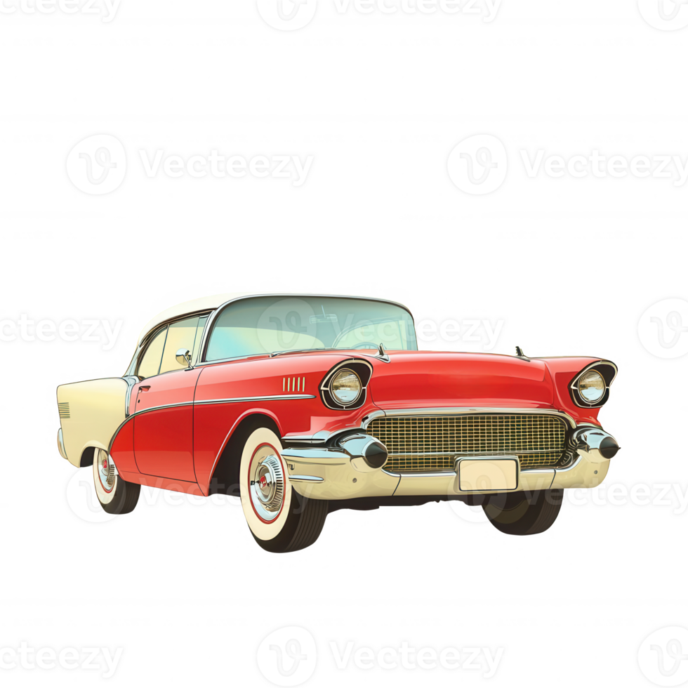 Classic red and white vintage car on a white isolated background, showcasing retro design and stylish details, ideal for automotive enthusiasts and nostalgia. png