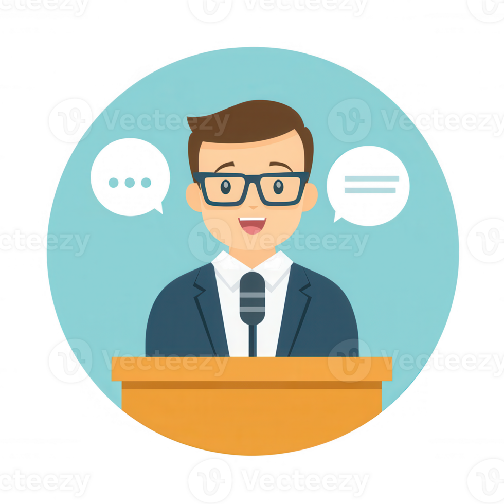 Cheerful speaker delivering a presentation at a podium, with speech bubbles illustrating communication. Ideal for concepts of leadership, public speaking, and engagement. png