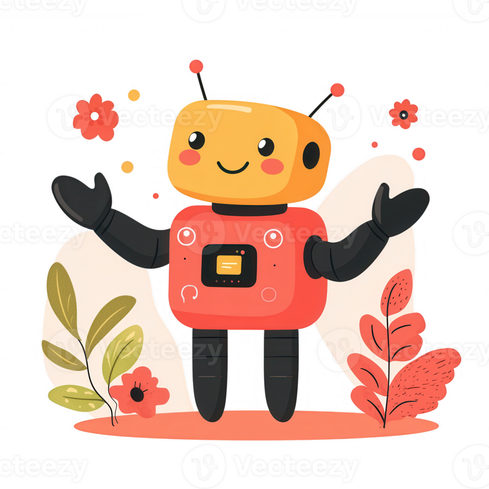 Cheerful robot character with flowers, colorful design, cartoon style, ideal for digital or print designs, playful atmosphere and charming personality. png