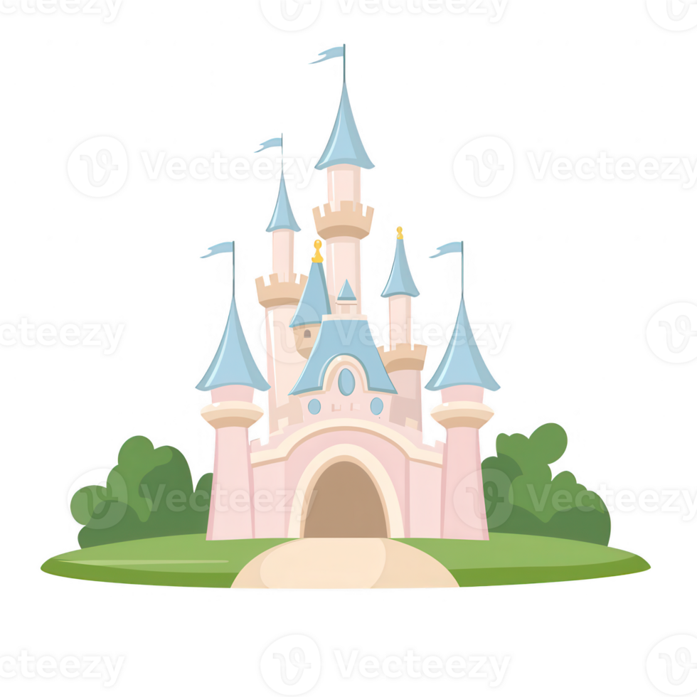 Colorful fairy tale castle with pointed towers and flags, surrounded by green trees, designed for joyful storytelling and whimsical themes. png
