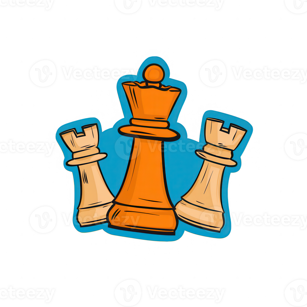 Colorful illustration of chess pieces, featuring an orange king and two white rooks, ideal for game enthusiasts and chess lovers, isolated on a plain background. png