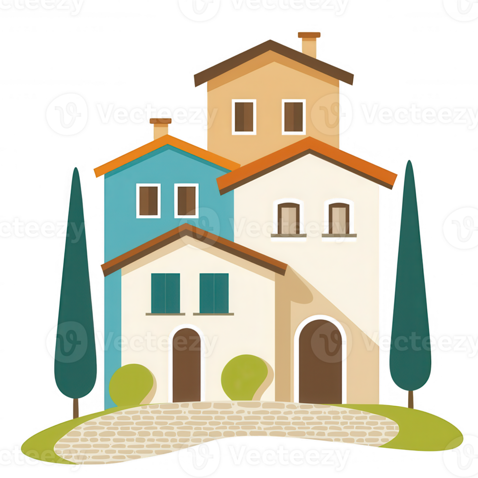 Colorful and charming cartoon-style houses with trees and a pathway, perfect for use in various design projects. png