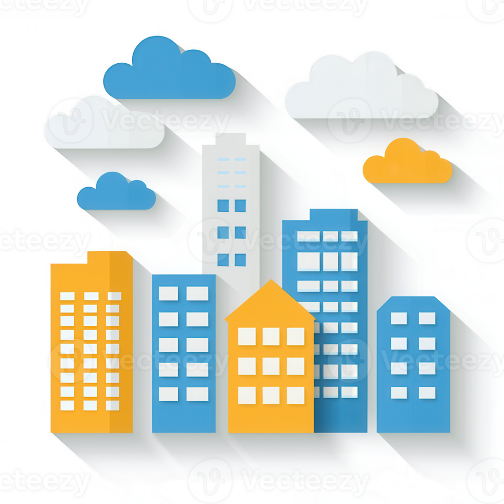 Colorful abstract skyline with geometric buildings and clouds, featuring a modern and playful design against a white background. png