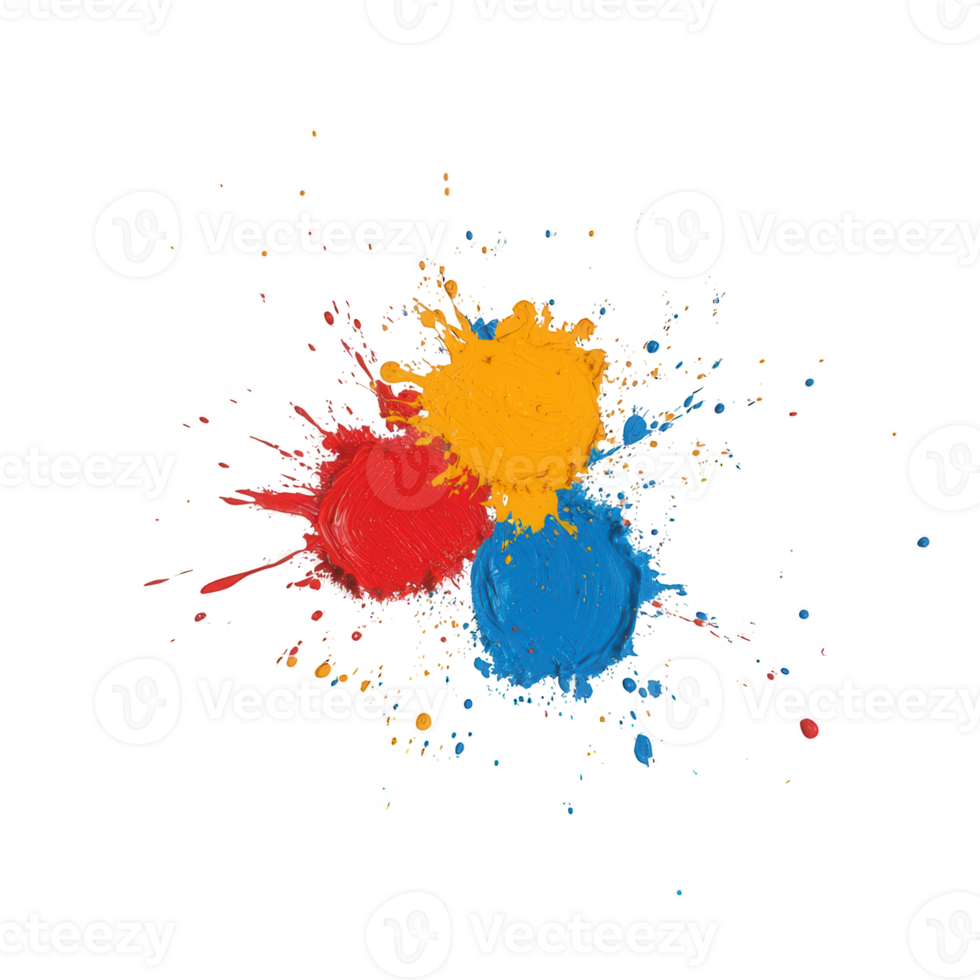 Colorful paint splashes in red, yellow, and blue, creating a vibrant and energetic design. Perfect for artistic and creative projects. png
