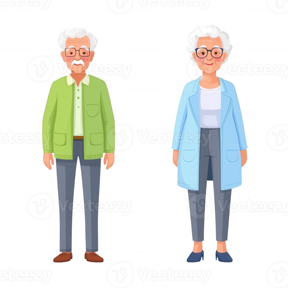 Elderly couple, cheerful and engaged, standing together, colorful outfits, friendly expressions, isolated on a white background. png