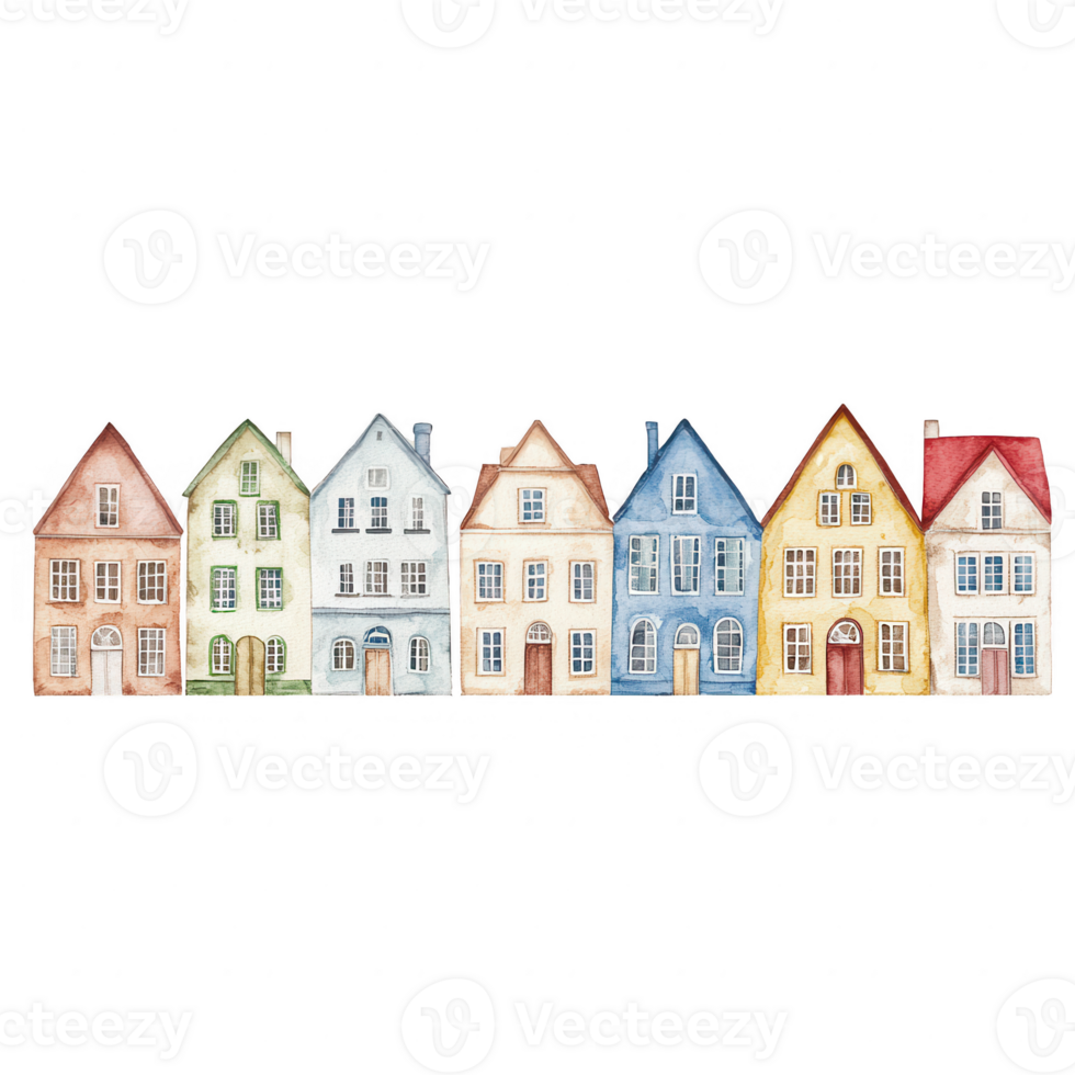 Colorful row of charming houses in various styles, showcasing unique architectural features and vibrant colors against a white isolated background. png