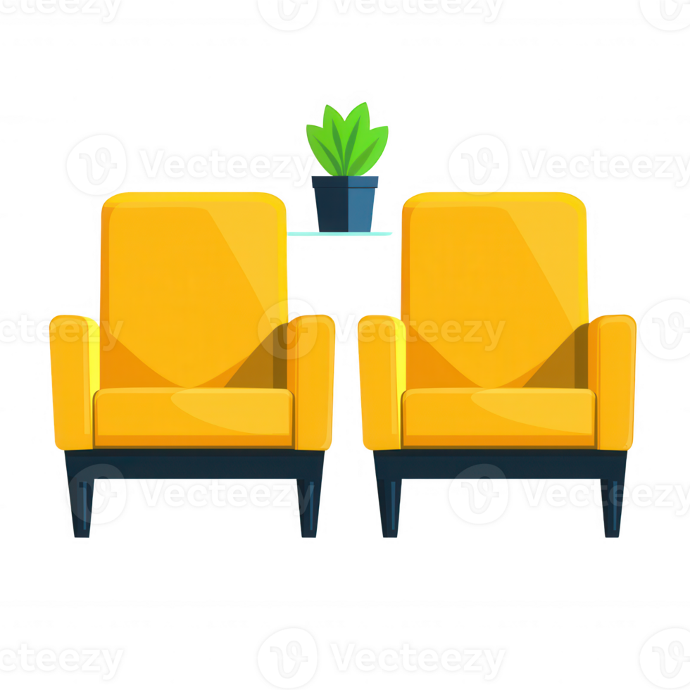 Two vibrant yellow chairs with a small table and a green plant, creating a cheerful and inviting atmosphere for relaxation or conversation. png