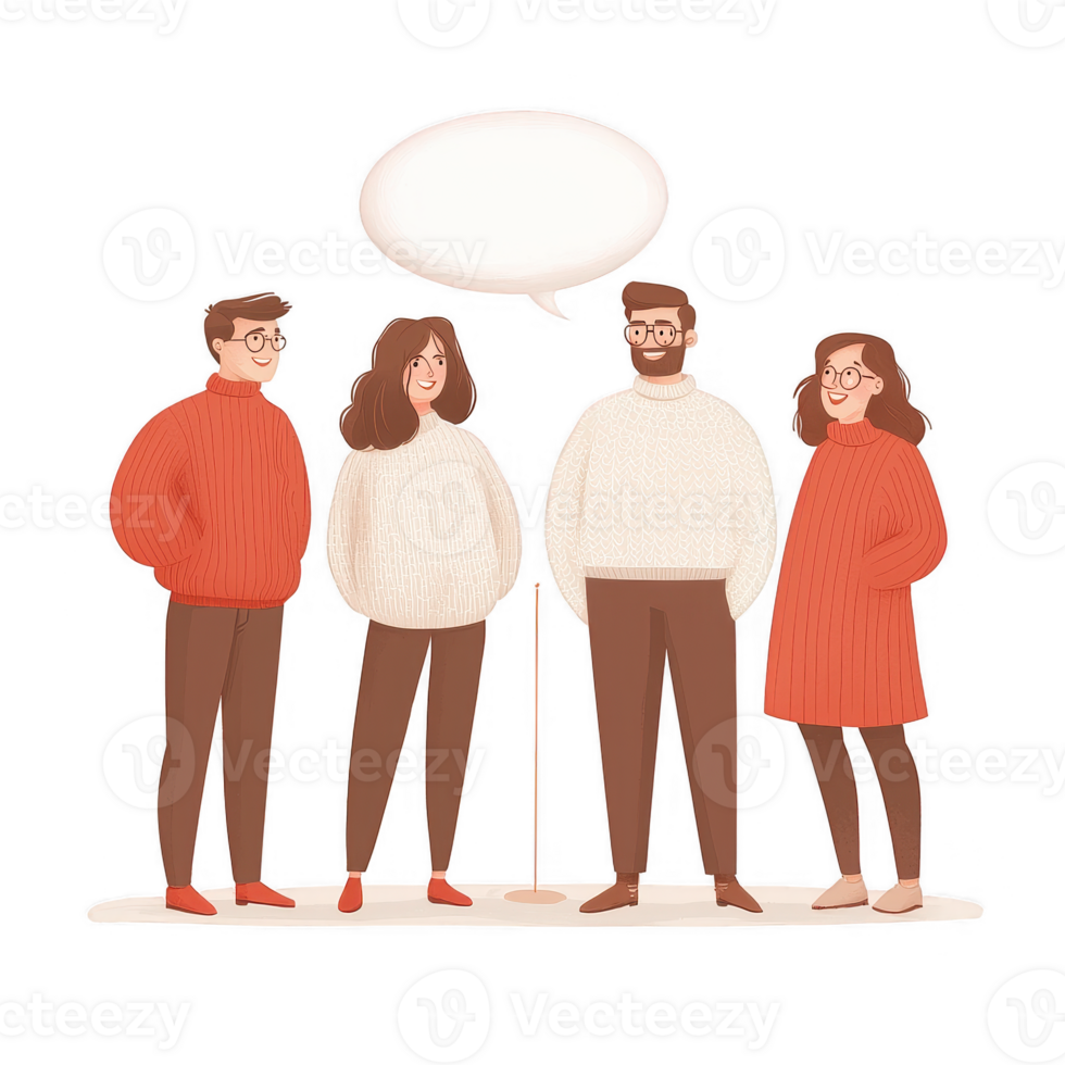 Four friends standing together, wearing cozy sweaters, engaged in conversation with a speech bubble above them. They exhibit a cheerful and friendly atmosphere. png