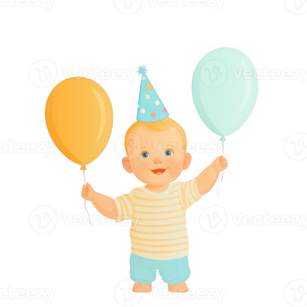 A cheerful baby wearing a party hat, holding colorful balloons, celebrating a joyful occasion. Perfect for illustrations of happiness, childhood, and festive moments. png
