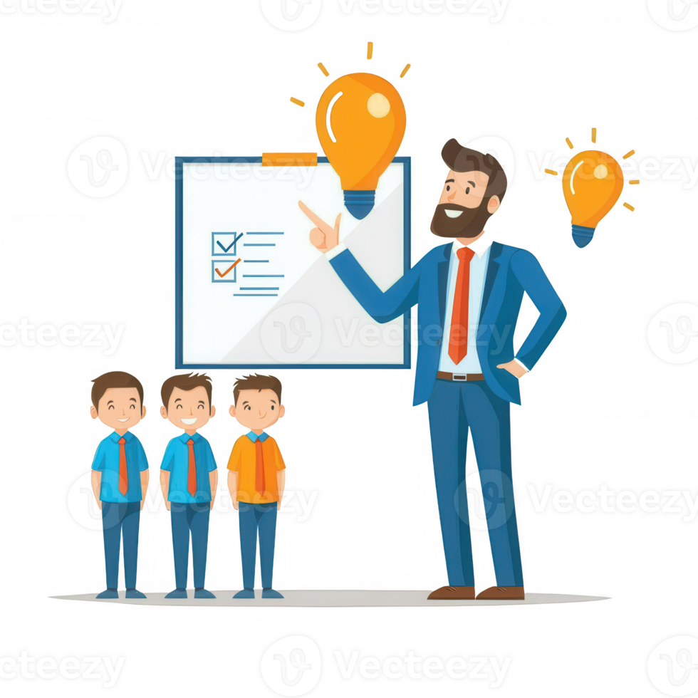 A businessman presenting ideas to a group of children, showcasing creativity and inspiration with light bulbs and a checklist in the background. png