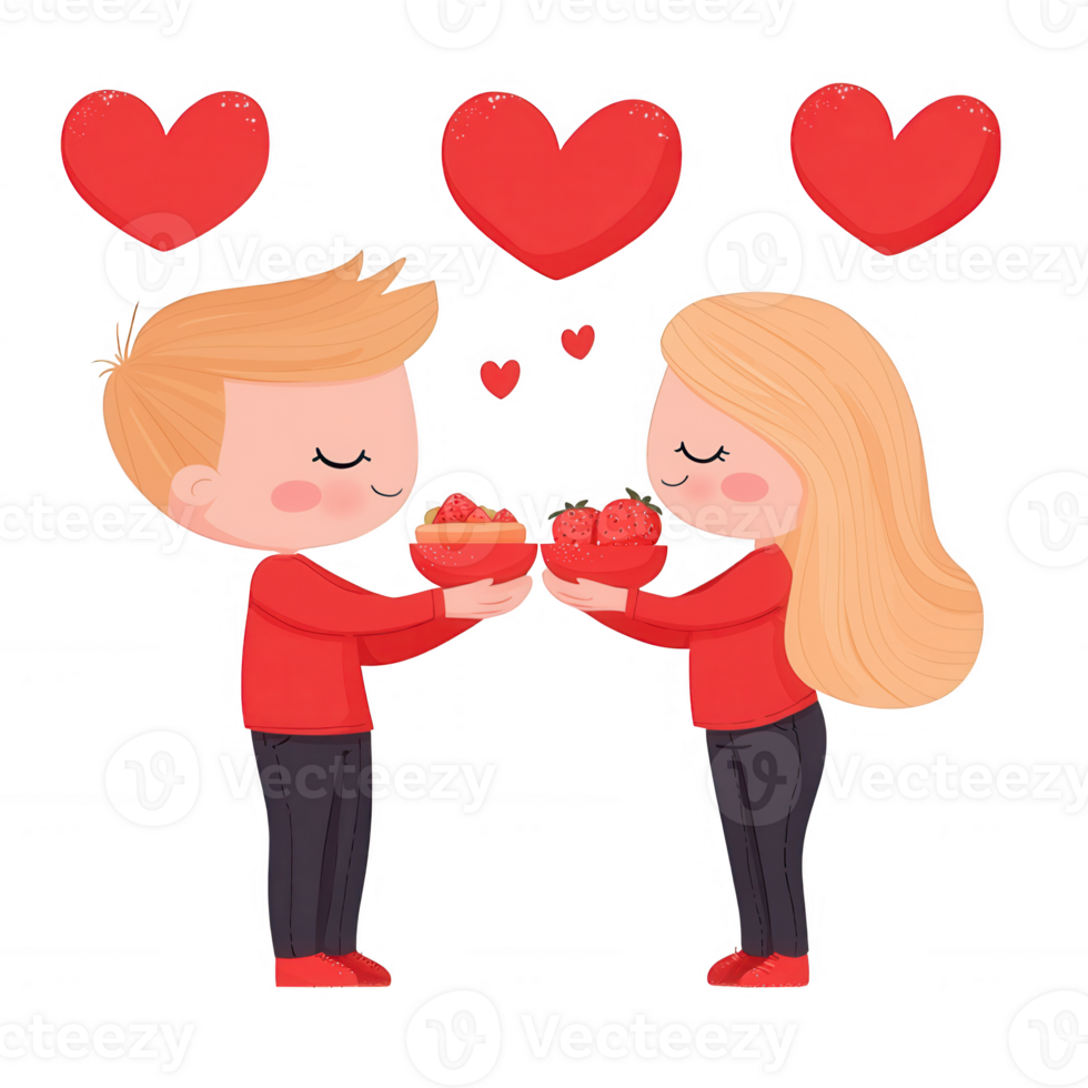 A charming illustration of a couple exchanging strawberries with love hearts above, symbolizing affection and romance on a white isolated background. png