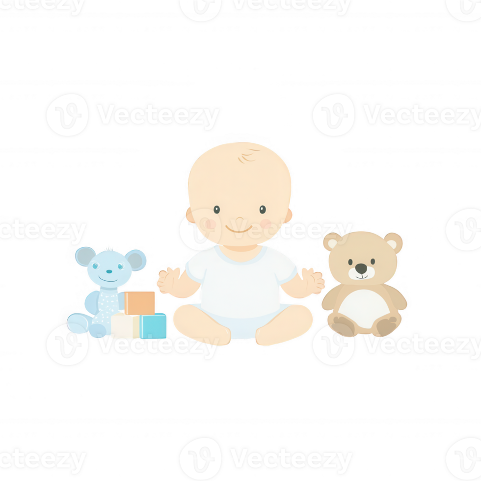 A cheerful baby sitting with colorful blocks and adorable stuffed animals, embodying innocence and fun during playtime, perfect for children's products and parenting themes. png