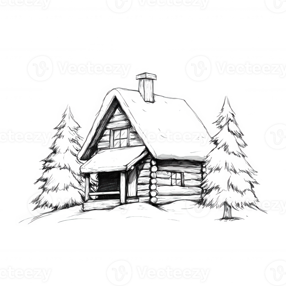 A charming hand-drawn illustration of a cozy log cabin nestled among tall pine trees, creating a serene forest atmosphere. Perfect for evoking a rustic and tranquil vibe. png