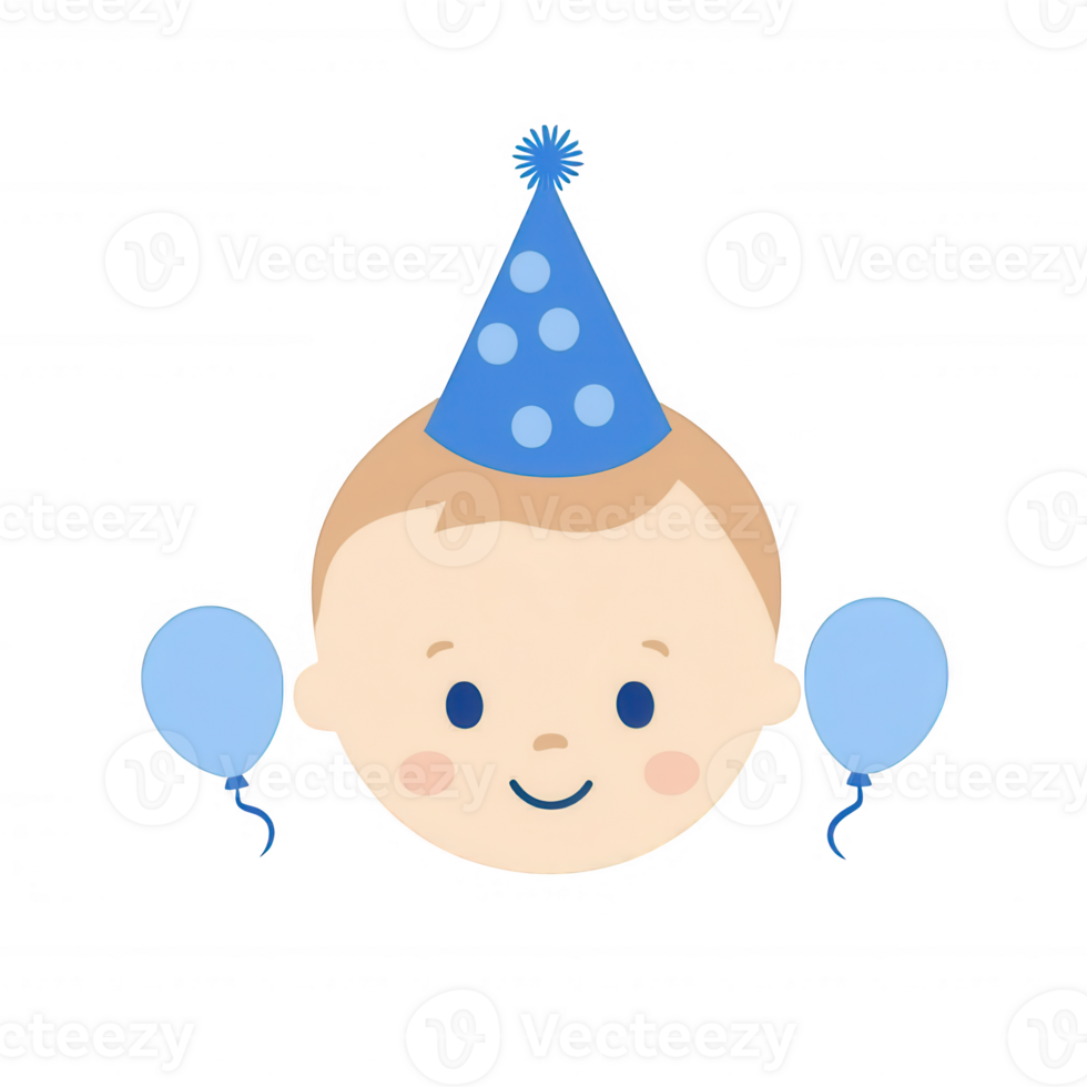 A cheerful baby wearing a festive blue party hat, smiling and holding two blue balloons, perfect for celebrations, birthdays, and joyful events. png