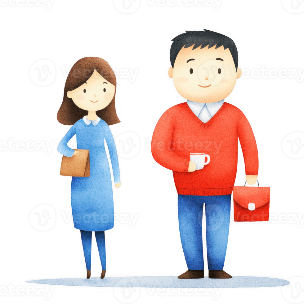 Two cartoon characters, a woman in a blue dress holding a purse and a man in a red sweater holding a cup and a briefcase, standing together. White isolated background. png
