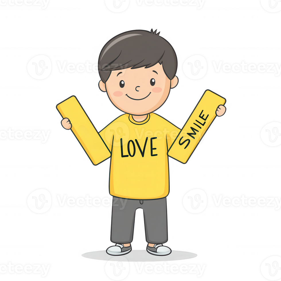 A cheerful cartoon boy in a yellow shirt holding signs that say 'LOVE' and 'SMILE'. The illustration embodies positivity and happiness, suitable for various themes. png