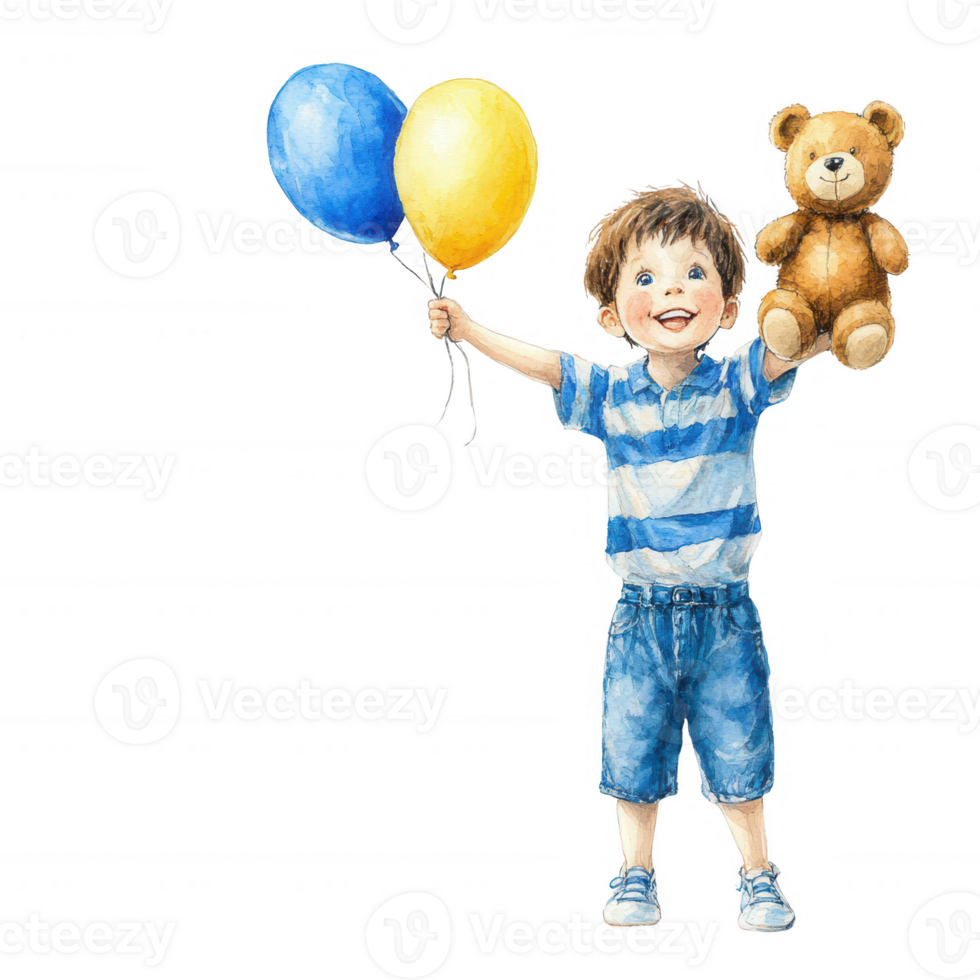 A cheerful boy holding two colorful balloons and a teddy bear, exuding joy and innocence, perfect for capturing the essence of childhood and happiness. png