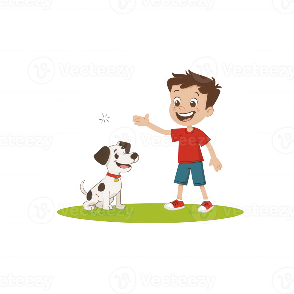 A cheerful boy waving happily at his playful dog in a park-like setting. The boy is dressed in casual clothes, and the dog appears excited and attentive, showcasing a joyful bond. png