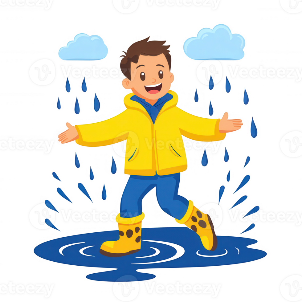A cheerful boy in a yellow raincoat splashing in puddles on a rainy day, with smiling expression and playful attitude, surrounded by clouds and raindrops. png