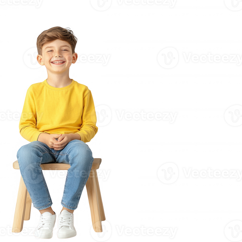 A cheerful boy in a yellow sweater and jeans sitting on a stool, smiling brightly. The image has a playful vibe, ideal for children's related content. png