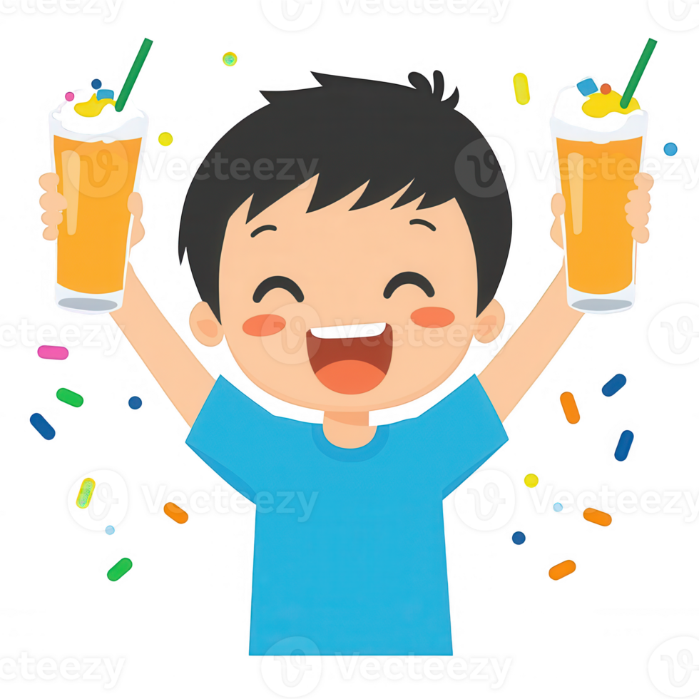 A cheerful boy holding two glasses of refreshing drinks, celebrating with joy. Colorful confetti surrounds him, creating a festive atmosphere. png
