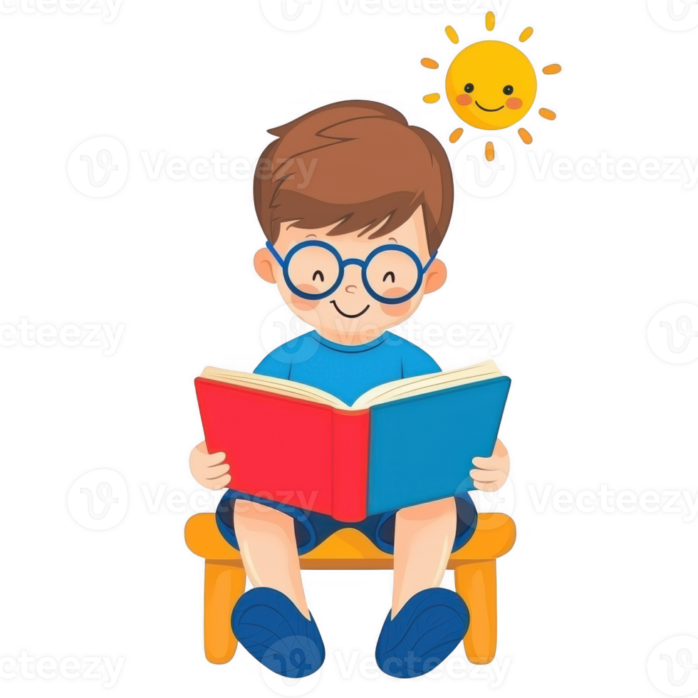 A cheerful boy sitting on a stool, reading a colorful book under a smiling sun. Ideal for educational materials and children's content, showcasing a love for reading. png