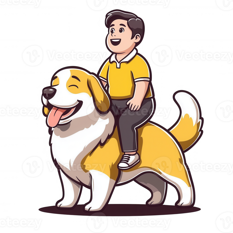 A cheerful boy wearing a yellow shirt rides on a friendly, smiling dog. The playful scene captures the bond between children and their pets. Great for family-related themes. png