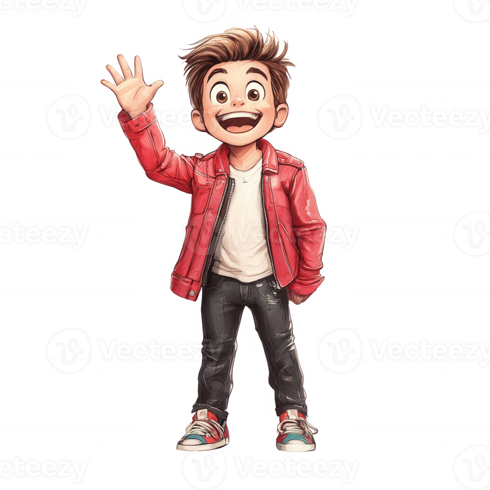 A cheerful cartoon boy in a red jacket waving. Designed for a youthful, fun vibe and ideal for children's content. png