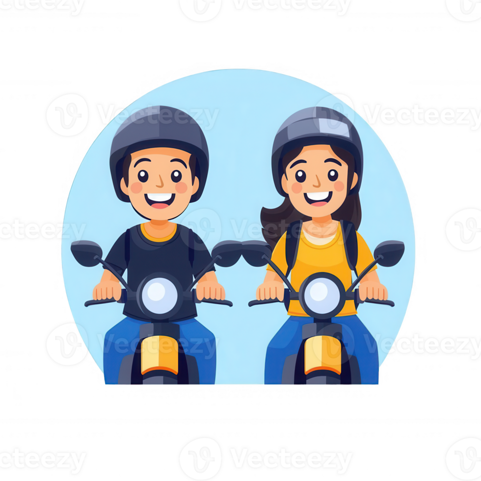 A cheerful cartoon couple riding motorcycles, wearing helmets, enjoying an adventurous ride against a vibrant blue background. png