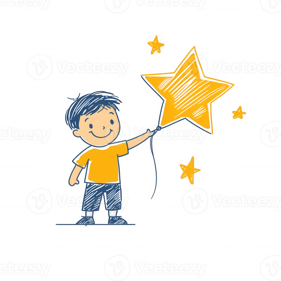 A cheerful child in a yellow shirt holding a star-shaped balloon, surrounded by small stars, representing dreams and aspirations, with a lighthearted and whimsical vibe. png