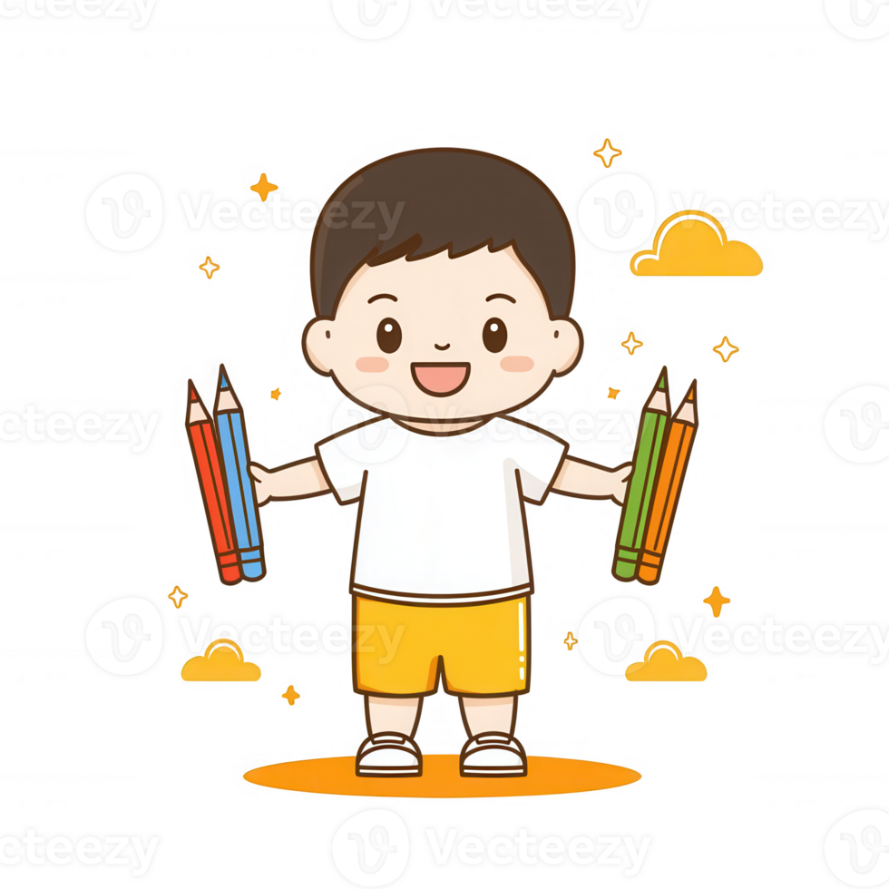 A cheerful child holding colorful pencils, surrounded by playful clouds png