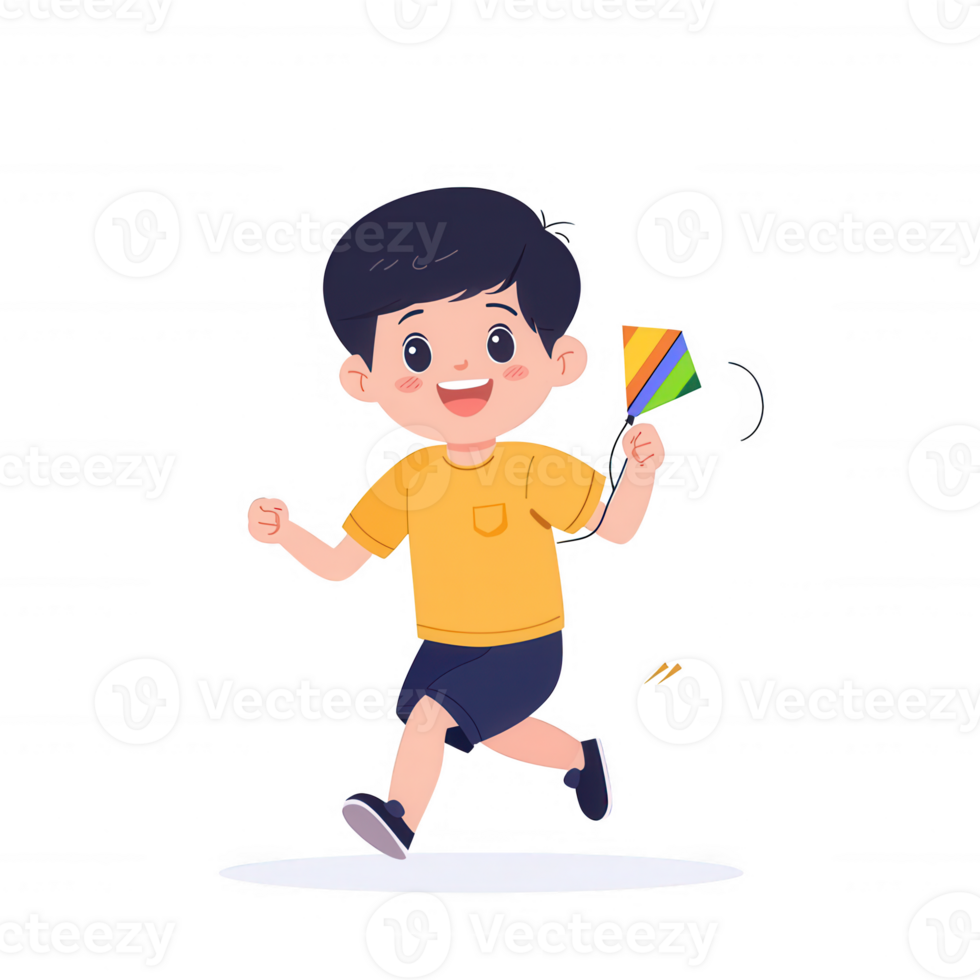 A cheerful child running while holding a colorful kite, captured in a playful moment, set against a white isolated background. png