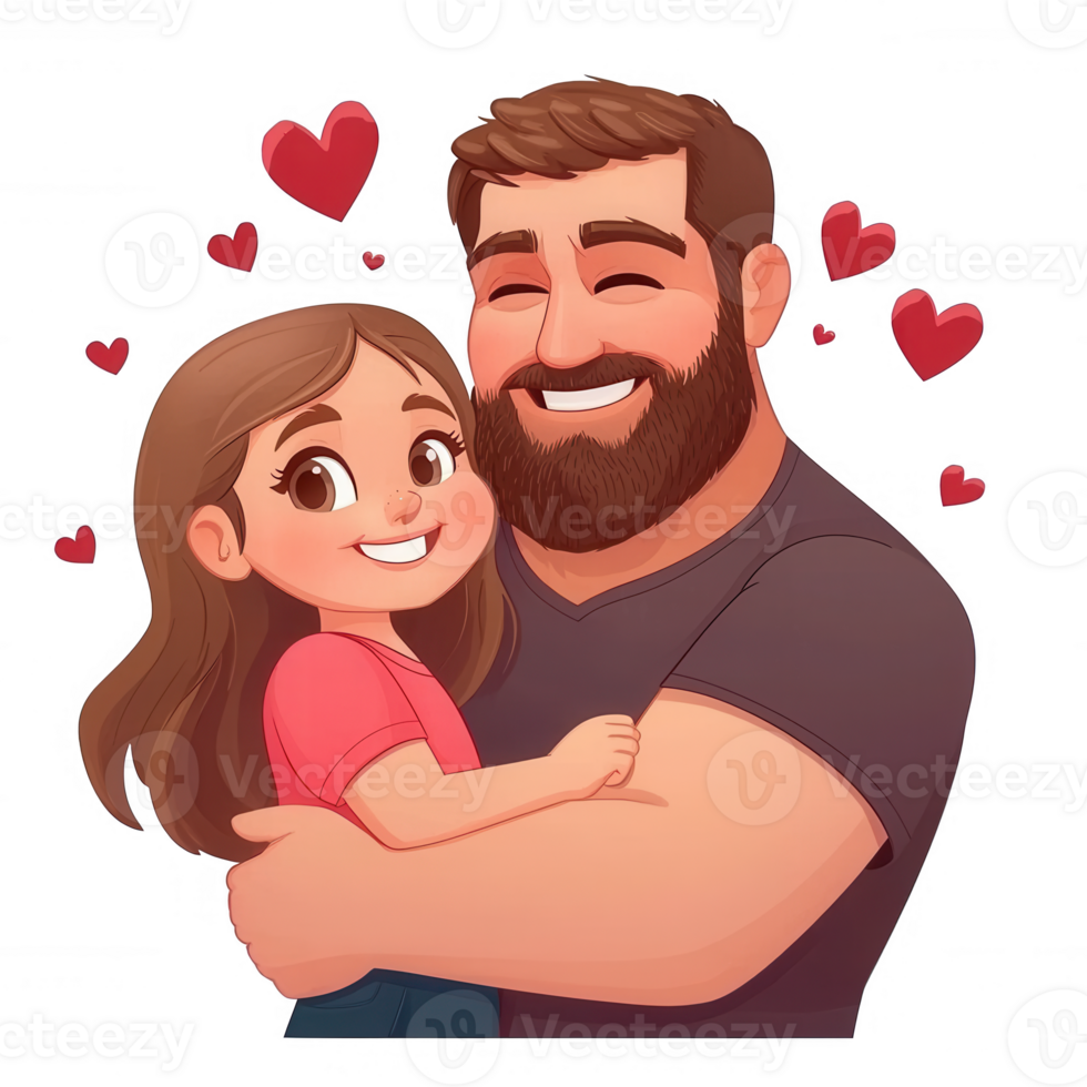 A cheerful cartoon illustration of a father and daughter embracing, surrounded by hearts. Ideal for family-themed projects and celebrations of love and togetherness. png