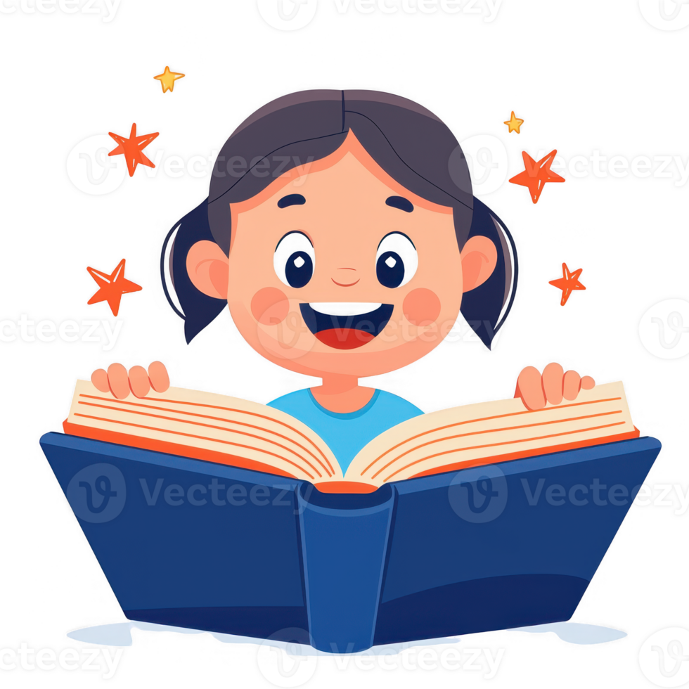 A cheerful child reading a large book, with excitement and wonder on their face, surrounded by colorful stars and sparkles, embodying the joy of storytelling. png