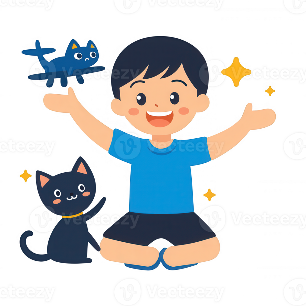 A cheerful child sitting with arms wide open, surrounded by a playful cat and a toy airplane, embodying joy and imagination, ideal for children's themes or playful activities. png