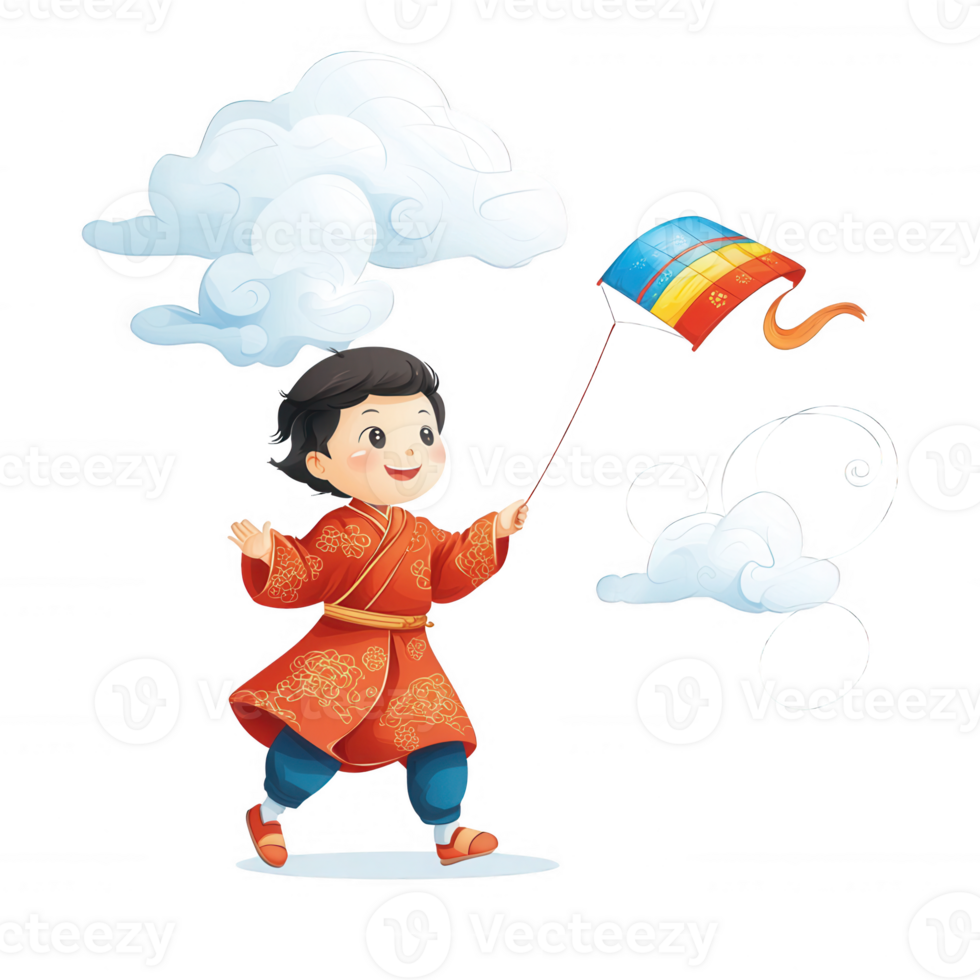 A cheerful child wearing a colorful outfit, happily flying a vibrant kite under fluffy clouds. The background is white, creating a playful and joyful atmosphere. png