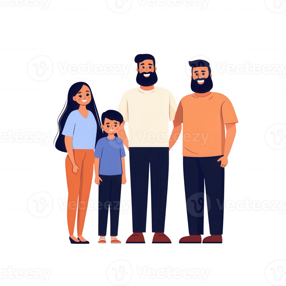 A cheerful family consisting of four members, standing together, smiling, dressed in casual clothes, against a white isolated background. png