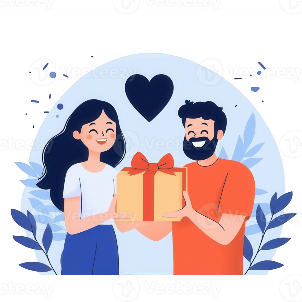 A cheerful couple happily exchanging a gift with a heart symbol in the background, depicted in a colorful, modern illustration. png