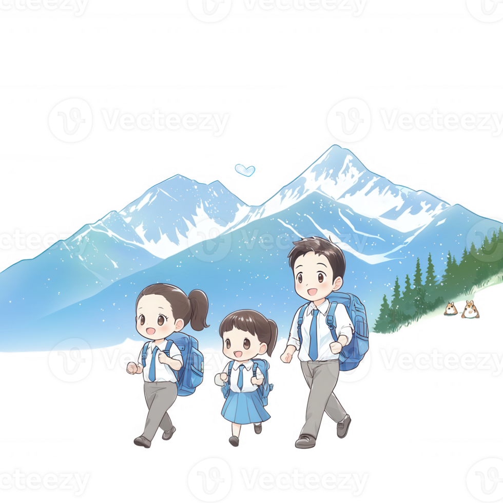 A cheerful family enjoying a hike in the mountains, dressed in casual attire. They are surrounded by stunning nature, showcasing their bond and love for outdoor adventures. png