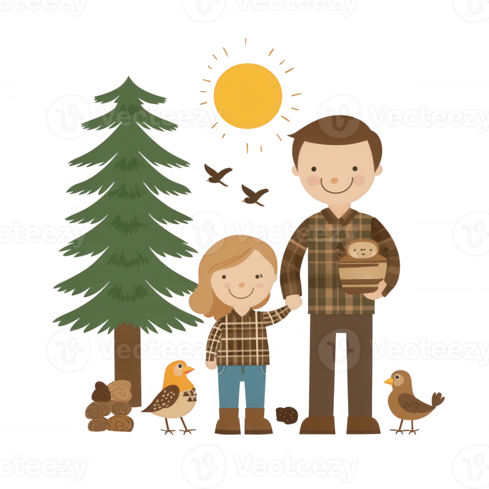 A cheerful family scene featuring a parent and child outdoors, surrounded by nature, trees, and birds, promoting joy and togetherness in a sunny setting. png