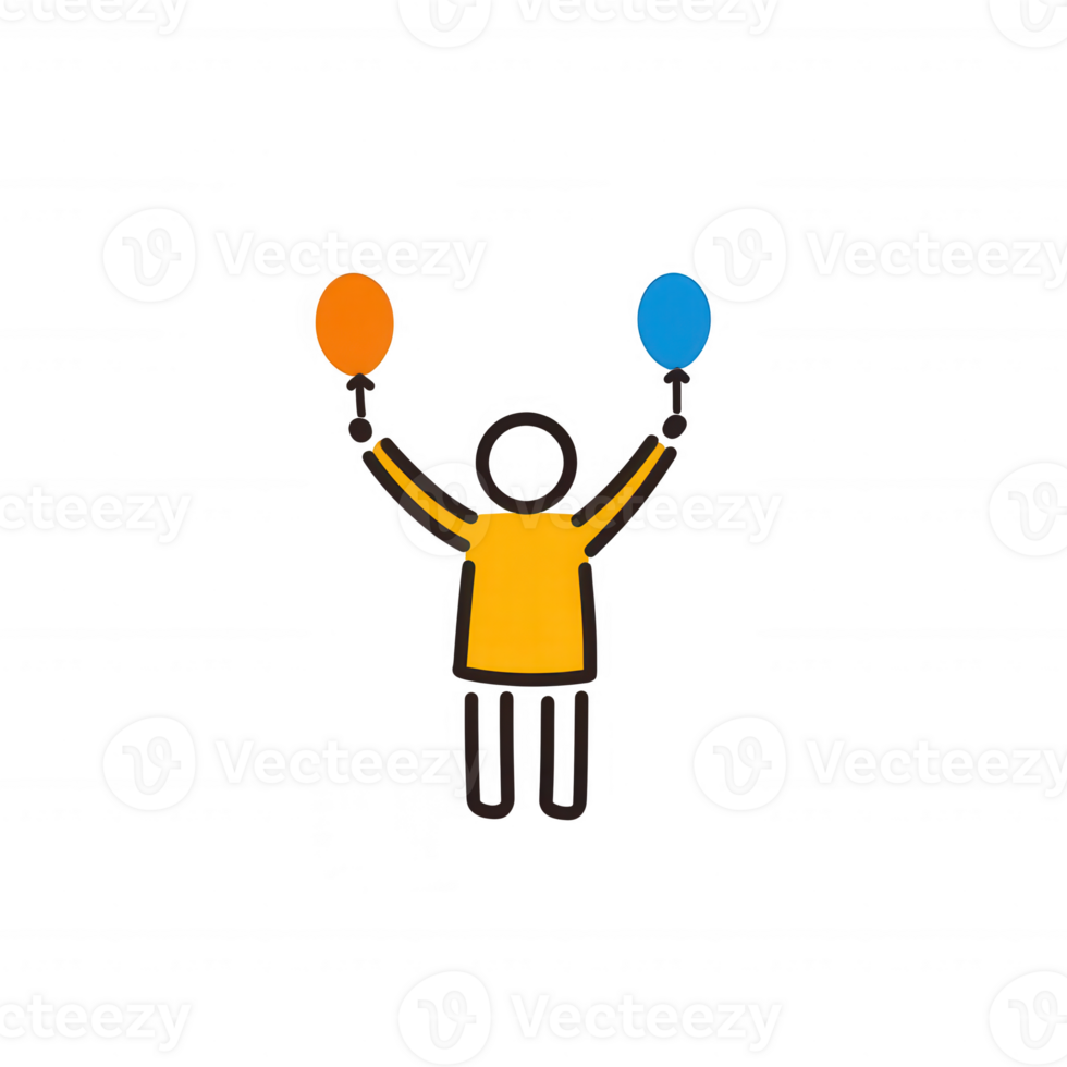 A cheerful figure holding orange and blue balloons, symbolizing joy and celebration against a white isolated background. png