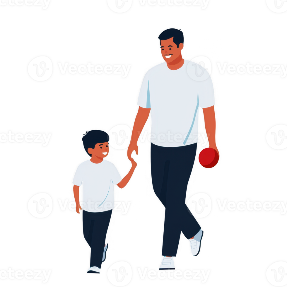 A cheerful father and son joyfully holding hands while walking together, with the son carrying a ball, symbolizing family bonding and quality time outdoors. png