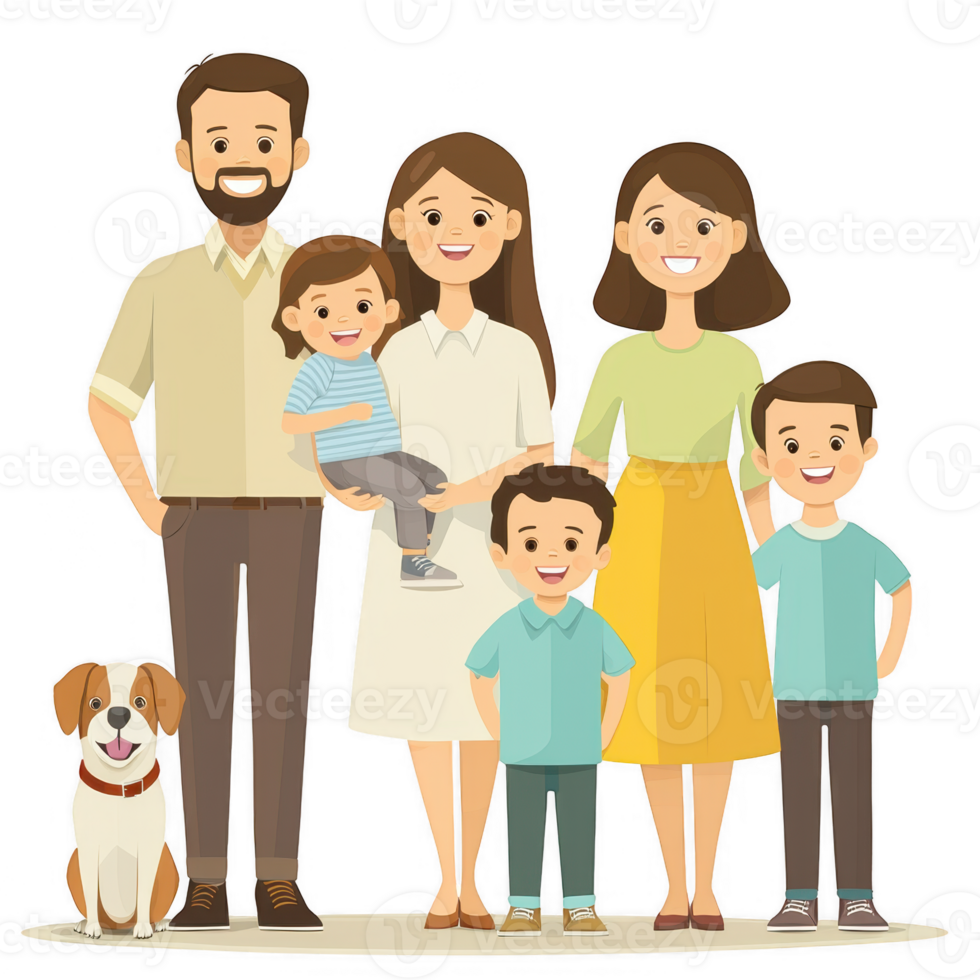 A cheerful family portrait featuring a mother, father, three children, and a dog, set against a white background. png