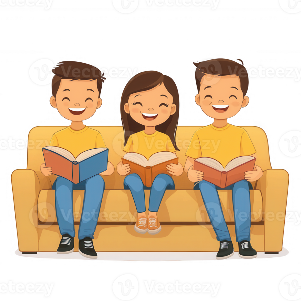 A cheerful family of three sitting on a cozy sofa, each reading a book. Their smiles reflect the joy of shared moments and reading together. png