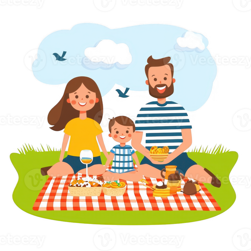 A cheerful family picnic scene with a happy couple and their child, enjoying food on a picnic blanket, surrounded by nature, vibrant colors, and a relaxing atmosphere. png