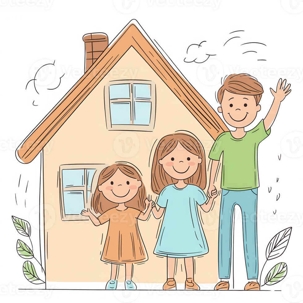 A cheerful family standing together in front of their cozy home, showcasing love and togetherness in a simple and heartwarming illustration. png