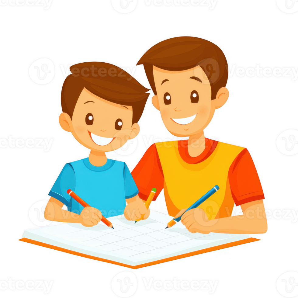 A cheerful father and son enjoying quality time together, drawing and coloring in a vibrant, playful setting, showcasing the joy of creativity and bonding through art. png