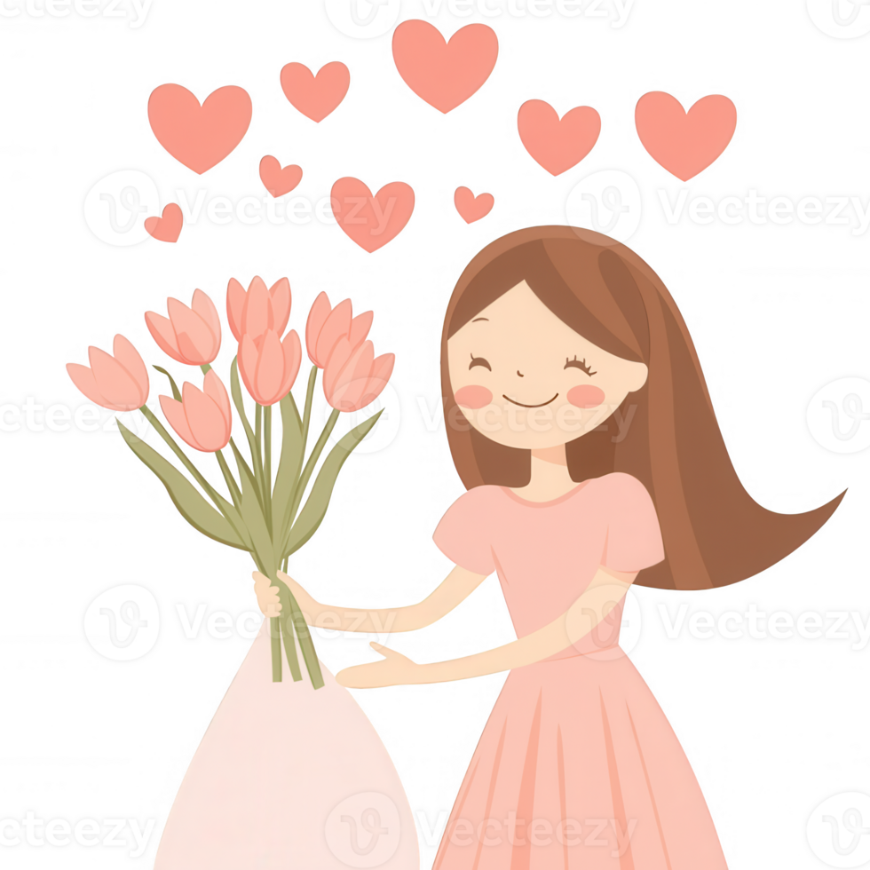 A cheerful girl in a pink dress happily holding a bouquet of tulips. Surrounded by floating hearts, this charming illustration captures the essence of love and joy. png