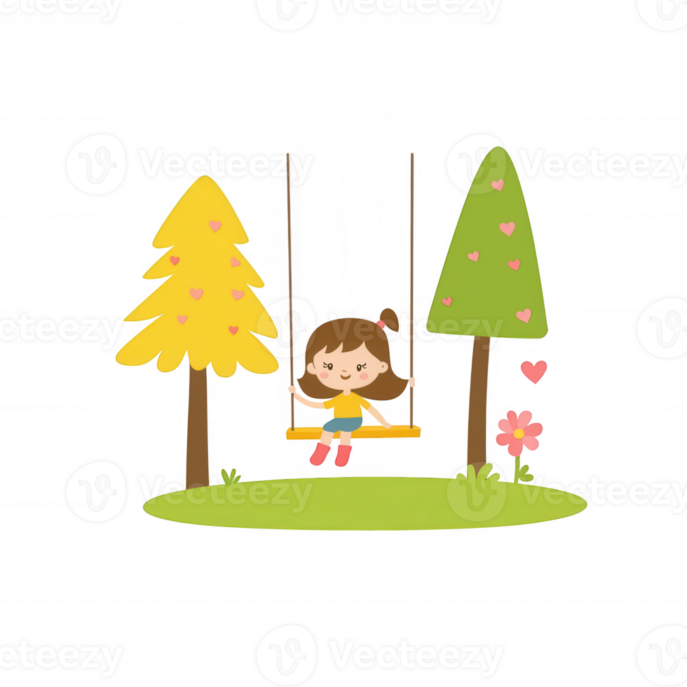 A cheerful girl swinging on a swing set surrounded by colorful trees and a playful pink creature, creating a joyful scene of childhood bliss. png