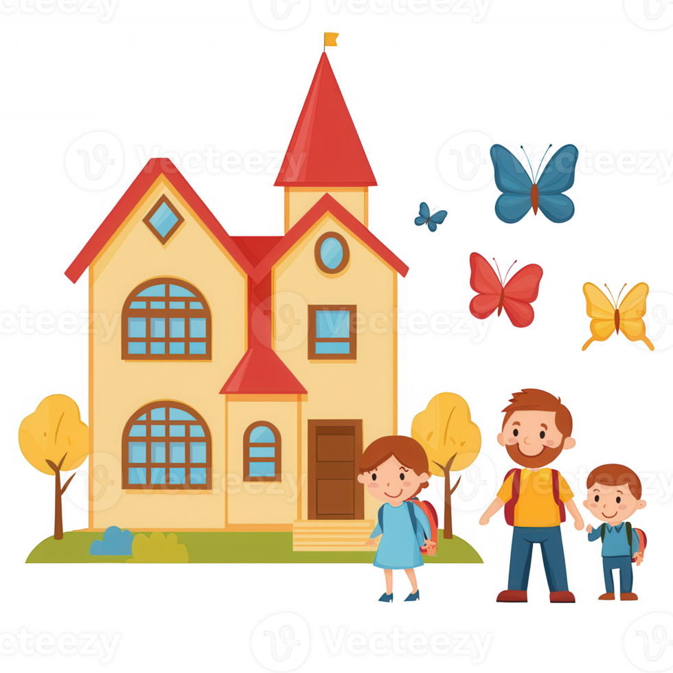A cheerful family stands in front of a colorful house surrounded by vibrant butterflies and trees, creating a playful and joyful atmosphere. png